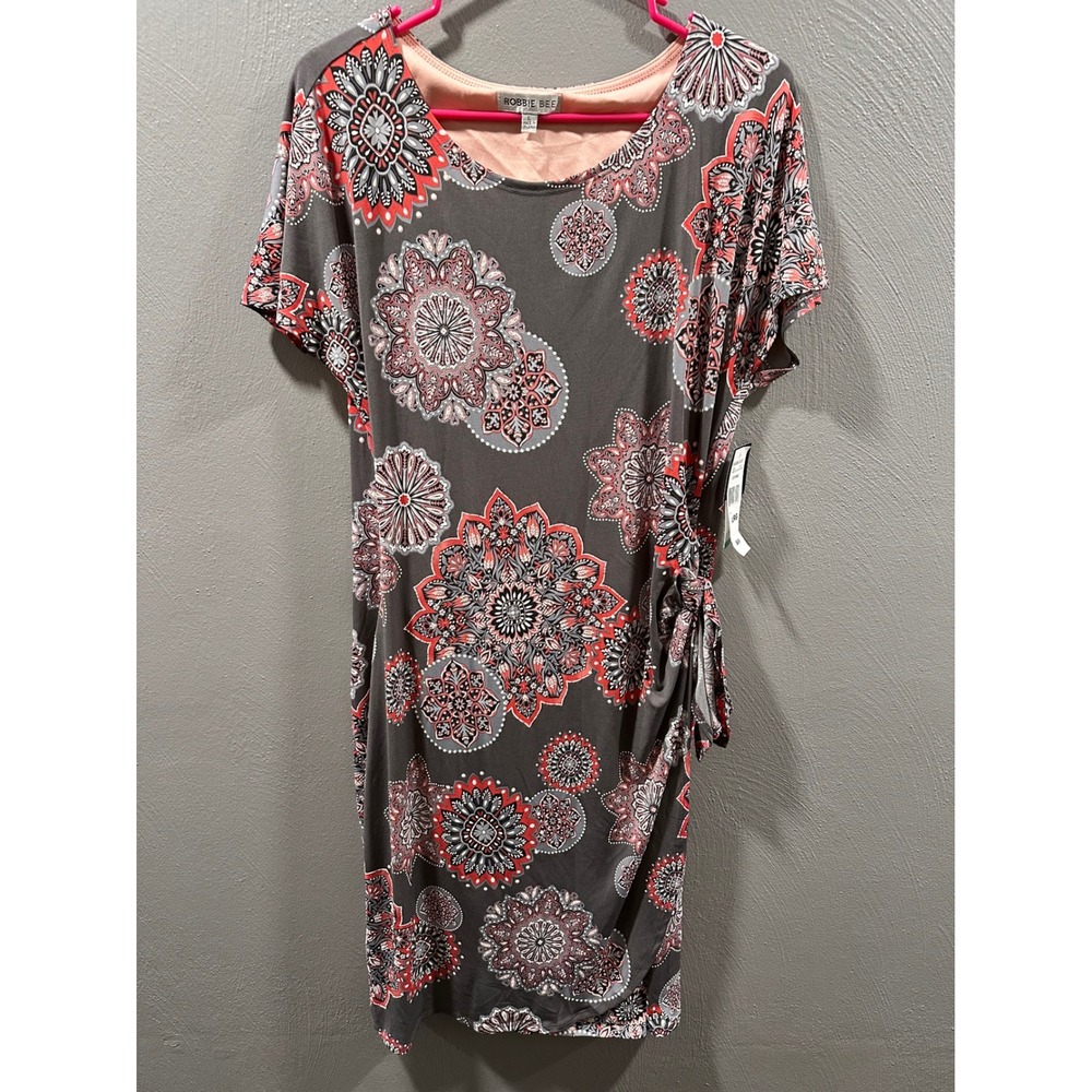 Robbie Bee Womens Grey Coral Mandala Print Side Tie Sheath Dress Large RB66434JP